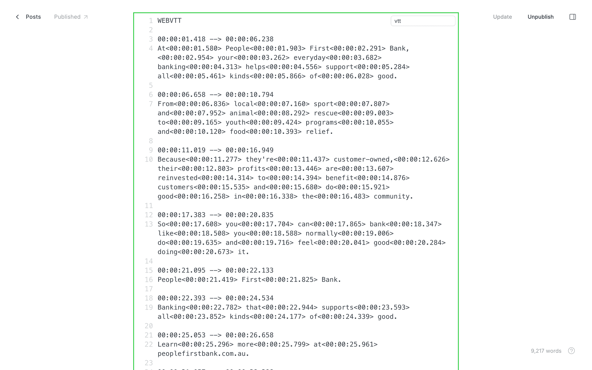 A Signal transcript authored as a standard WebVTT code block in the Ghost editor