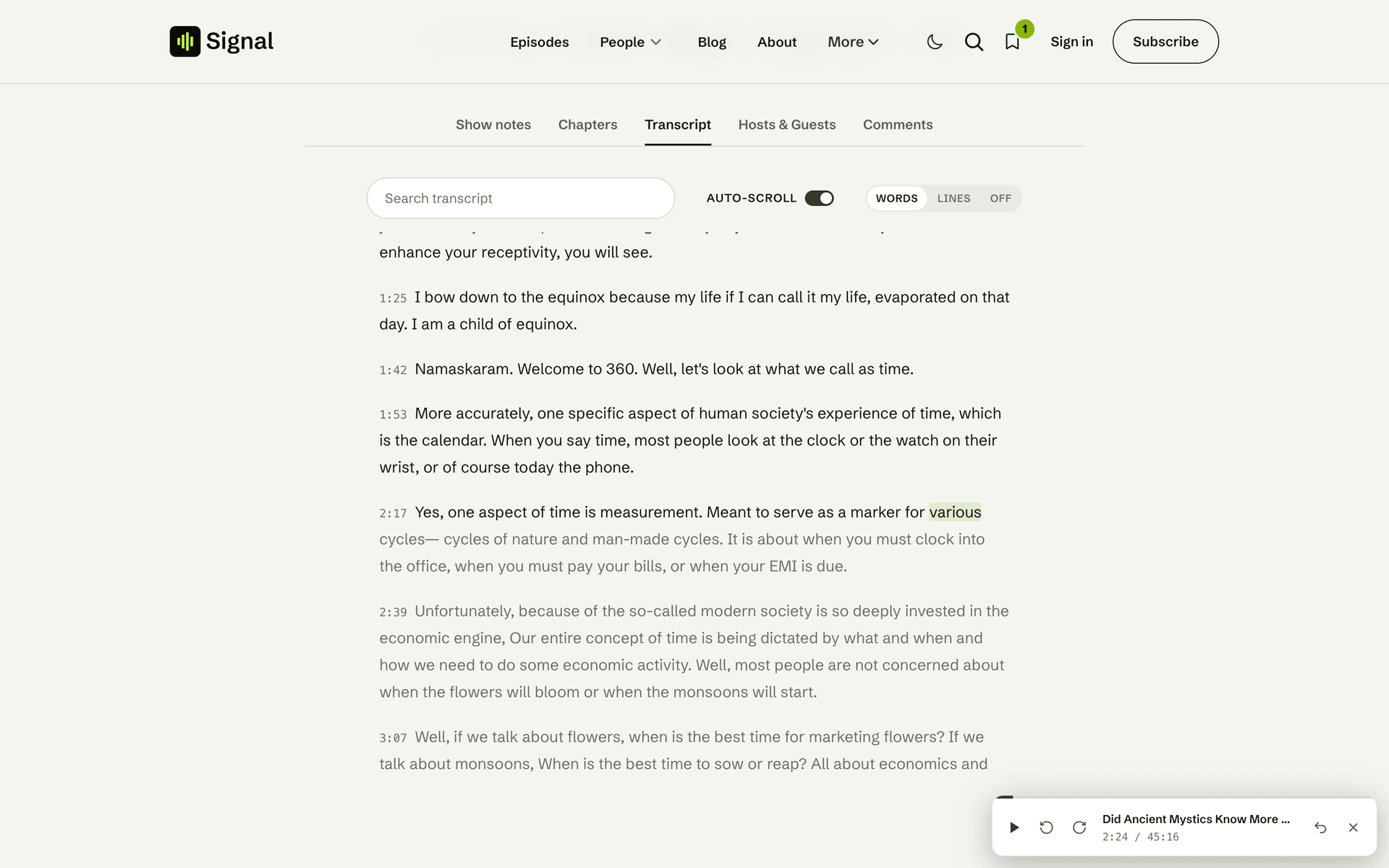 Signal episode transcript tab with click-to-seek lines
