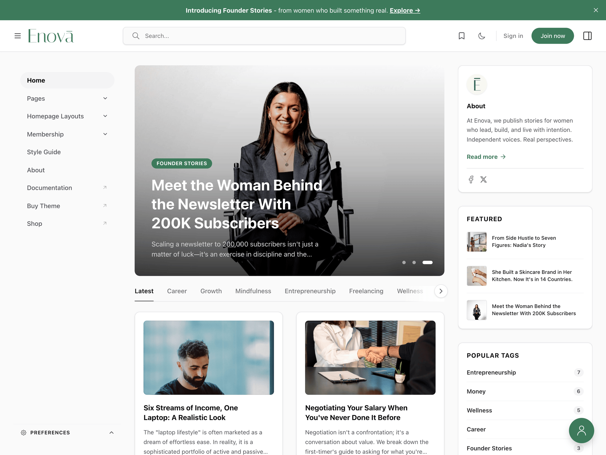 Enova Ghost theme homepage preview