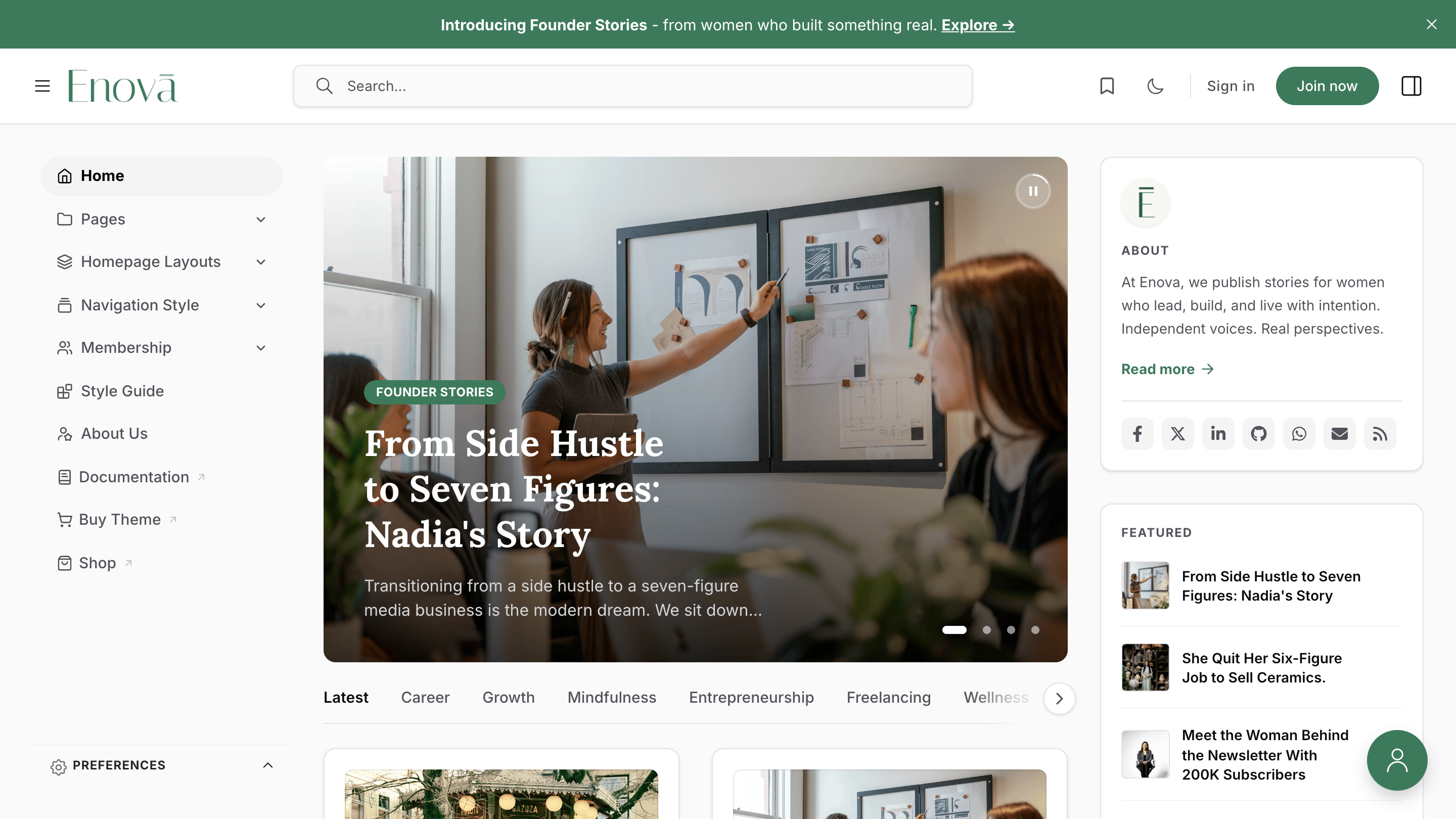 Enova Ghost theme homepage preview
