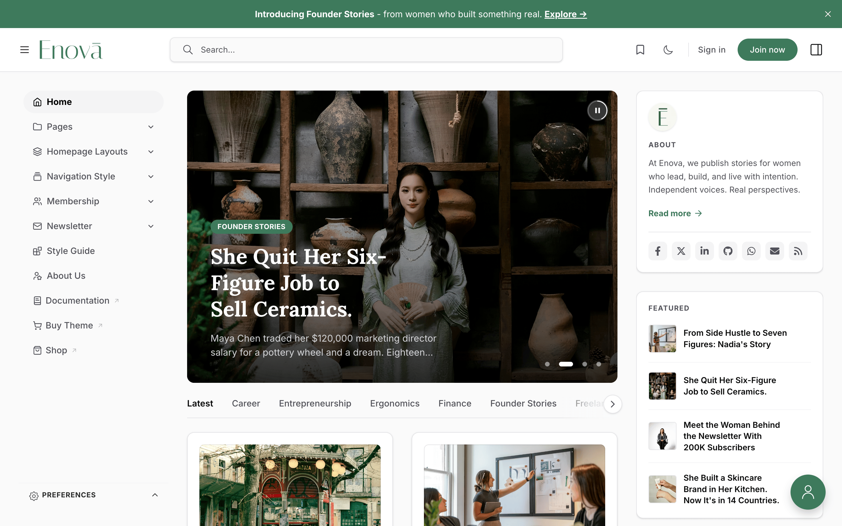 Enova Ghost magazine theme homepage preview for lifestyle and membership publications