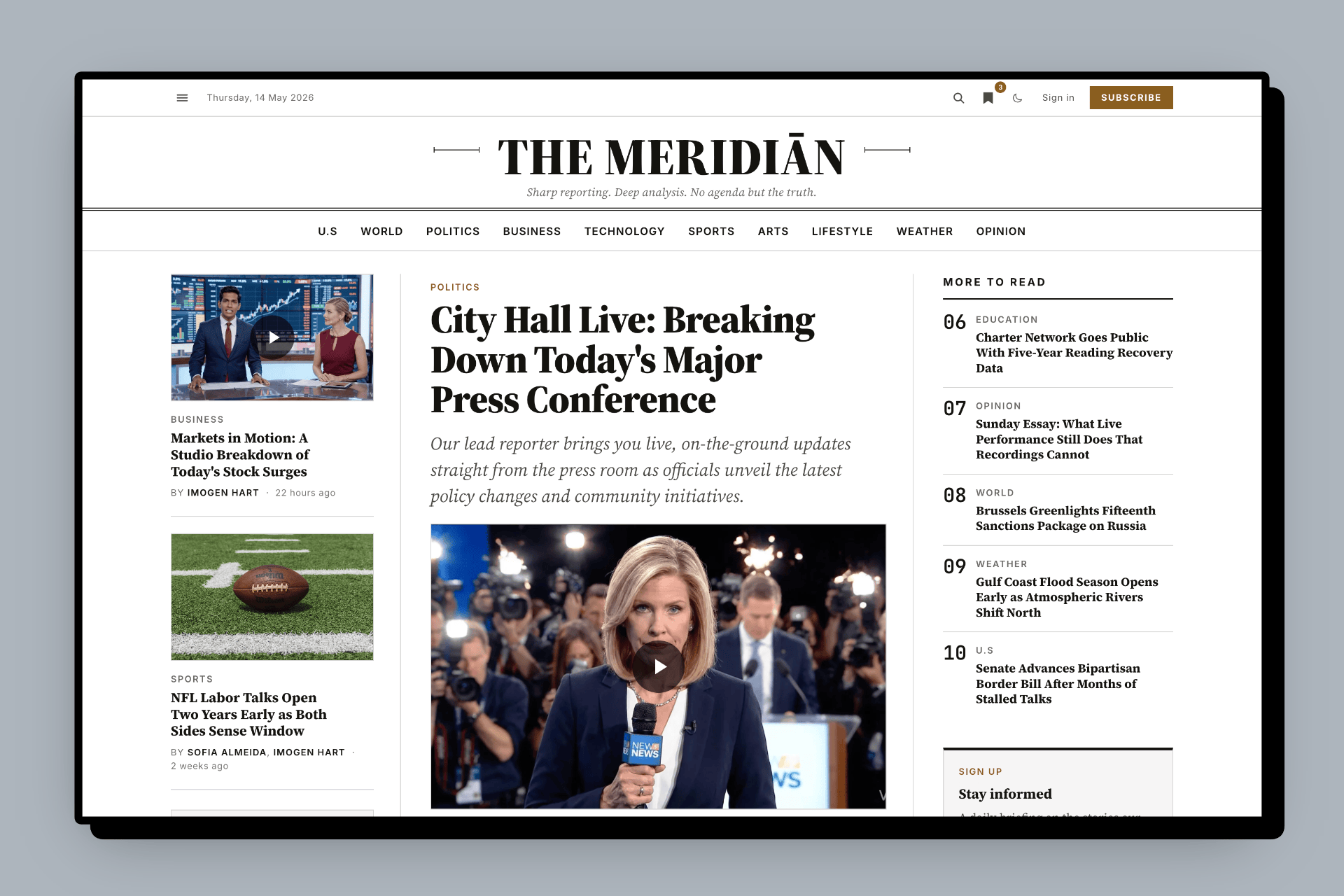 Meridian Ghost news theme homepage preview — broadsheet layout for newsrooms and magazines