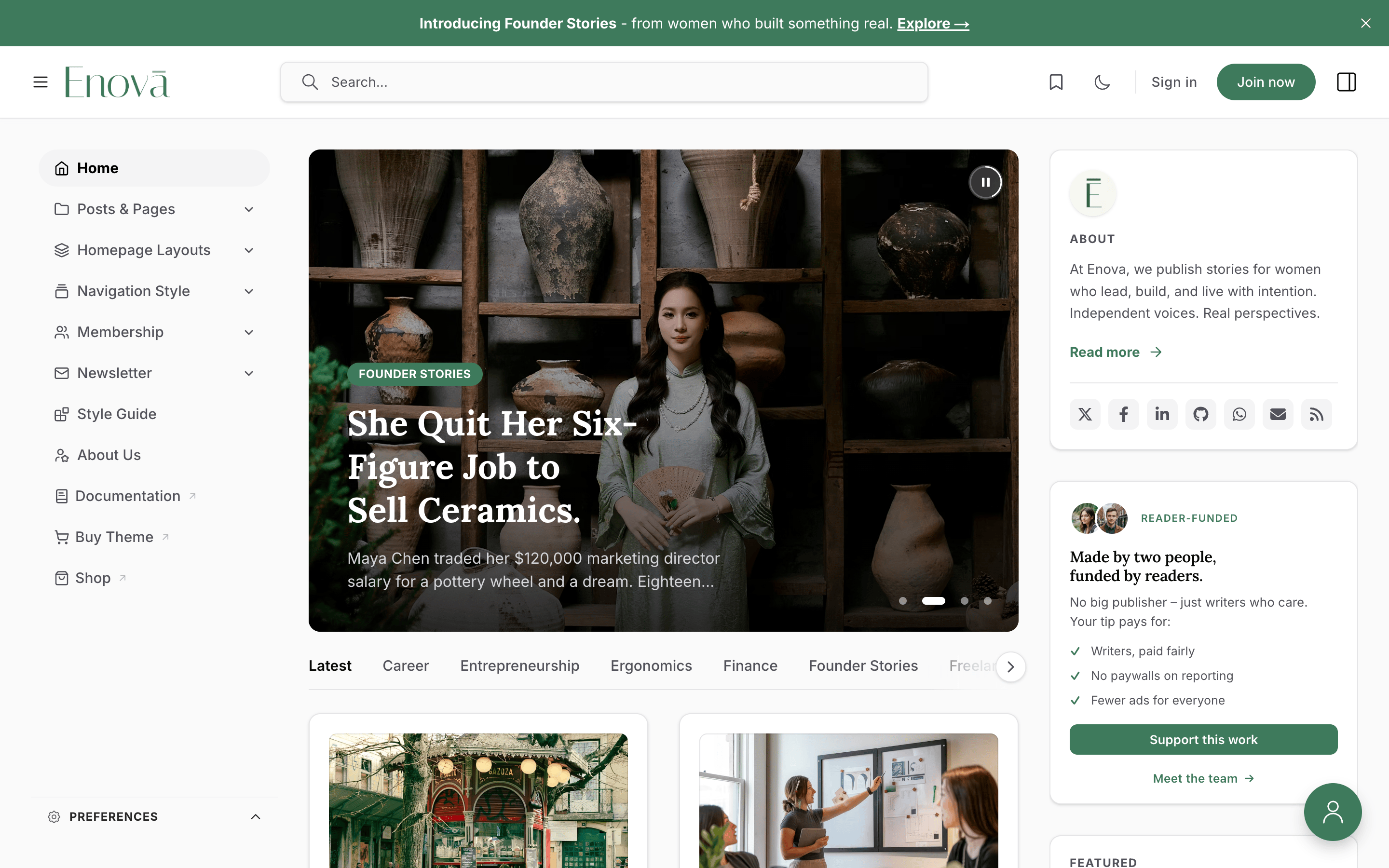 Enova Ghost theme homepage preview